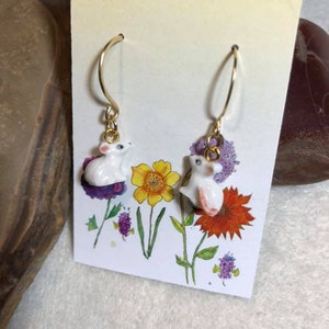 Adorable and sweet Tiny White Mouse earrings on handmade 14K hammered round ear wires.