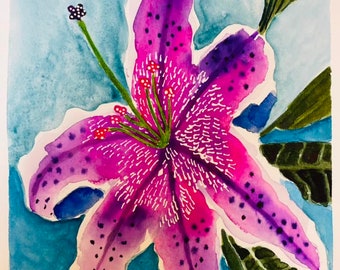 Watercolor of White and Pink Oriental Lily  on Arches Hot Press 12 x 9 inches.