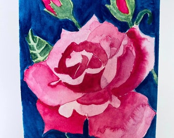Watercolor painting of Pink Rose with buds on Arches Hot Press watercolor paper, size 9 x 12.