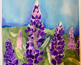 Watercolor Purple Lupines painted on Arches Hot Press paper 9 x 12.