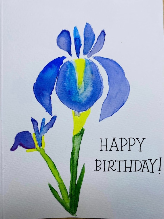 Handpainted Watercolor Iris Birthday Greetings on Strathmore Blank  Watercolor Card With Matching Deckled Edge Envelope in Clear Bag. 