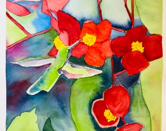 Watercolor Hummingbird in Red Flowers painted on  Arches Cold press paper, size 12 x 16 inches.