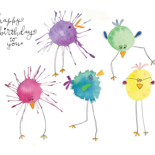 Cards: large or small Cards of "Happy Birthday to You Watercolor Splotch Birdies" printed on Glossy cardstock.