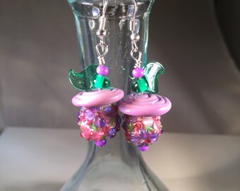 Lampwork Pink Floral with lampwork glass leaf beaded dangly earrings on sterling silver earwires.