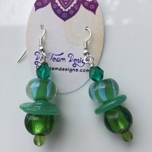 Lampwork glass Green beaded dangly earrings on sterling silver earwires. image 3