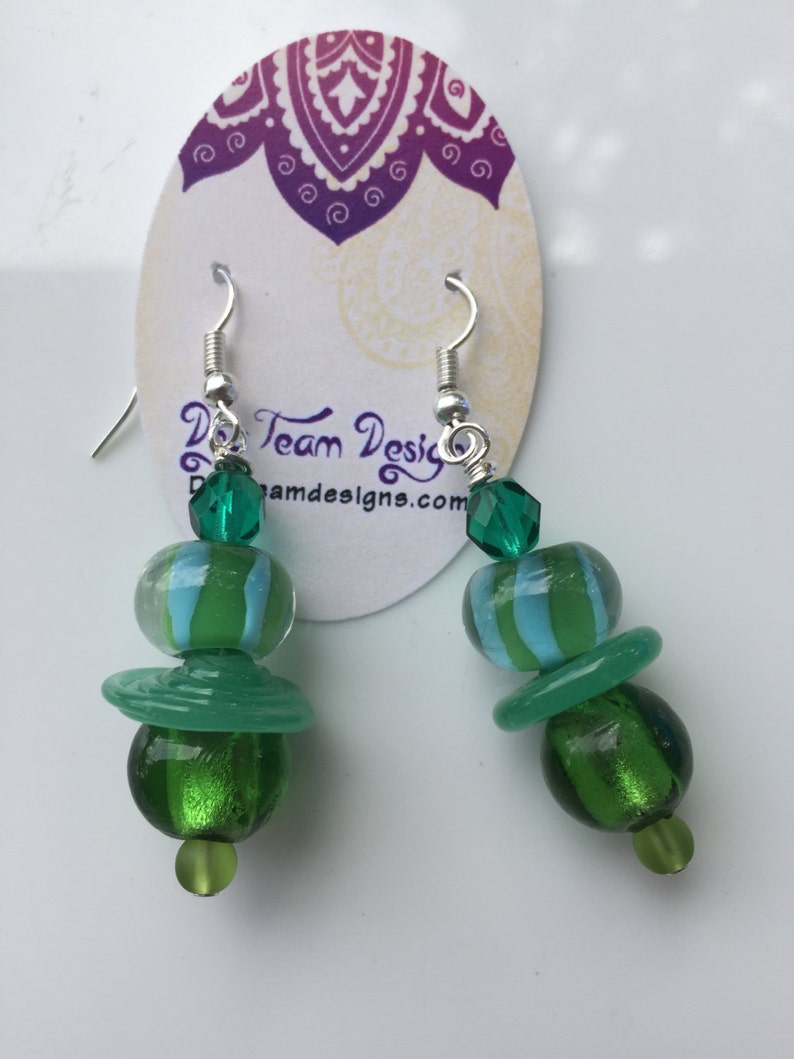 Lampwork glass Green beaded dangly earrings on sterling silver earwires. image 3