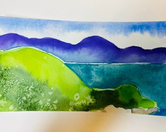 Watercolor Painting of Foggy Lake Mini- Landscape on Arches Hot press watercolor paper size 4.5 by 7 inches.