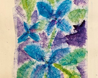 Watercolor of Blue flowers with leaves painted on Masa paper and mounted on watercolor paper size 5 x 8 inches.