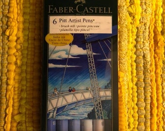 Faber Castell Markers: Set of Blues brush tip amazing permanent India Ink in 6 Pitt Artist pens, brand new.