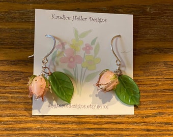 Gorgeous light pink Handblown glass Lampwork Flower earrings with delicate glass leaf hanging on Sterling handmade hammered round earwires.