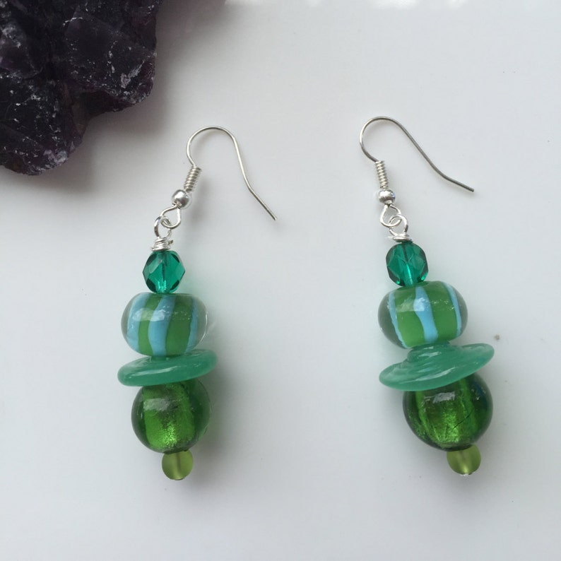 Lampwork glass Green beaded dangly earrings on sterling silver earwires. image 5