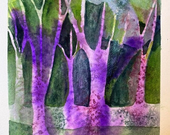 Watercolor Trees in Purple using Negative painting on Arches Cold Press paper 9 x 12 inches.