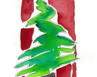 Cards: large or small Cards of "Christmas Tree 2019" Without lettering, blank inside, painted this year with Schminke wateroclors.