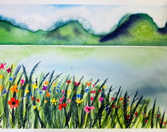 Watercolor Mountain Lake Flowers painted on Kilomanjaro 300 lb. Cold Press paper 12 x 16 inches.