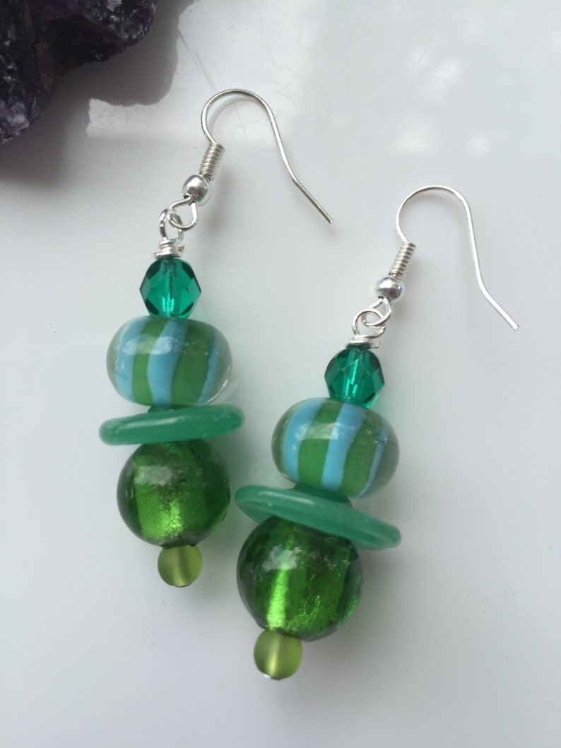 Lampwork glass Green beaded dangly earrings on sterling silver earwires. image 1