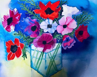 Watercolor Vase of Anemones painted on Arches Cold Press paper 12 x 16 inches.