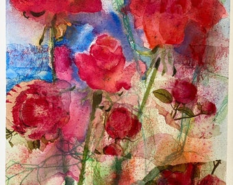 Watercolor Painting and Collage of Roses on Kilomanjaro 300 lb Cold Press paper 12 x 16 inches.