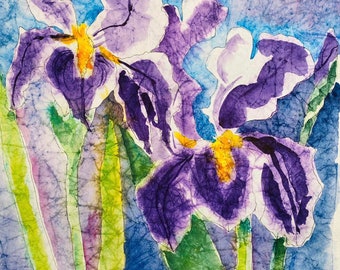 Watercolor of Purple Bearded Irises on Masa Paper size 12 x 16 mounted on Kilomanjaro thick watercolor paper.