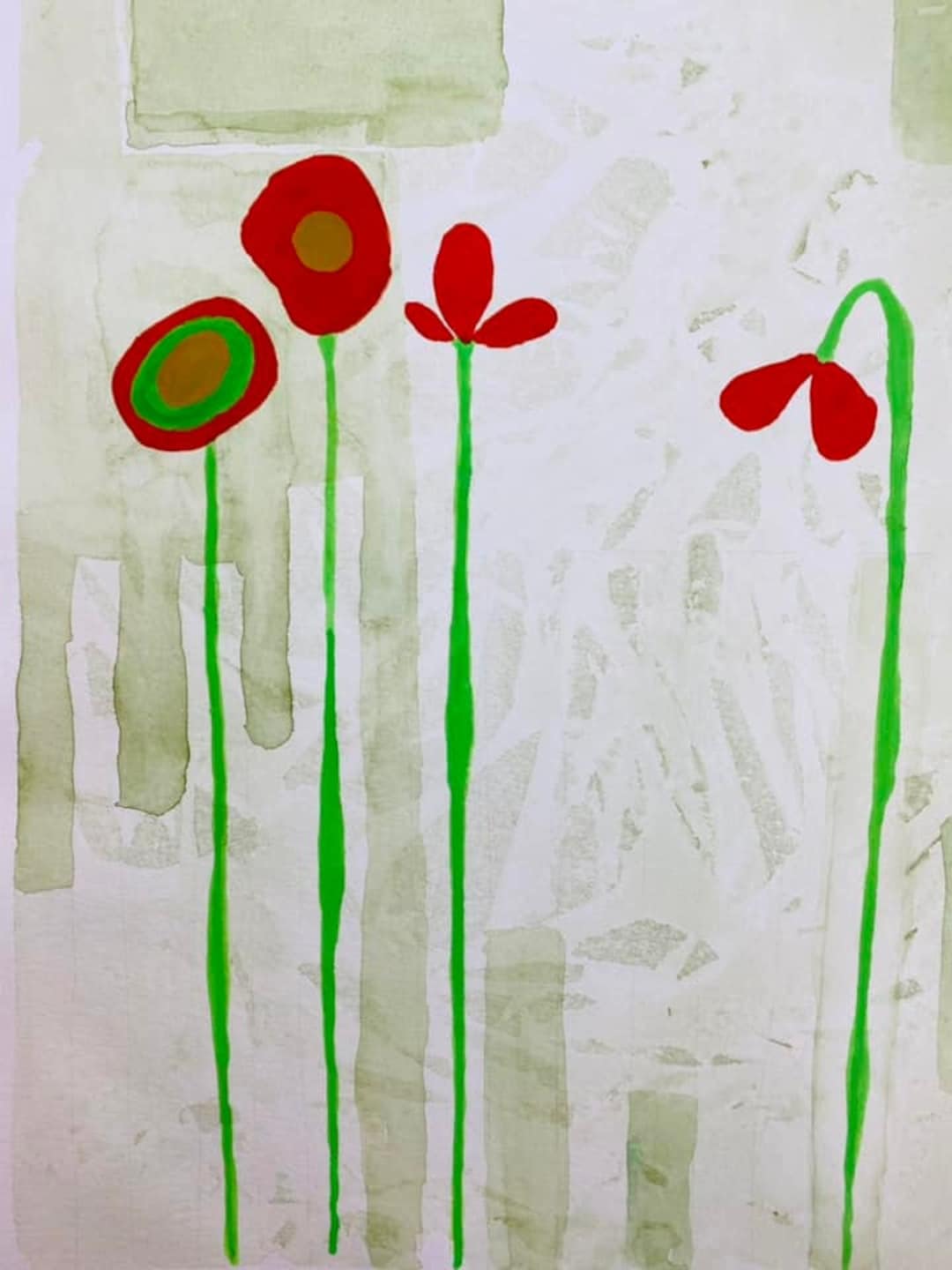 Watercolor Red Flowers Using Saran Wrap for Texture on Etsy