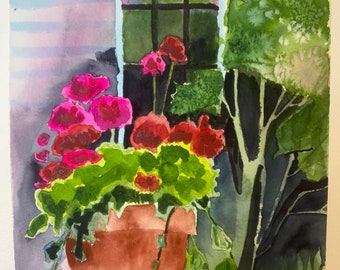Watercolor Geraniums and Ivy In Terra Cotta painted on Arches Hot Press paper 9 x 12 inches.