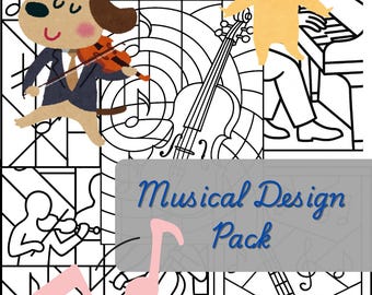 Modern Musical Stained Glass Patterns - Package of 5 Unique Designs (High Res Digital Download)