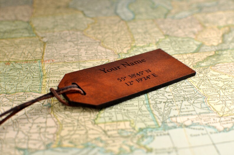 GPS Coordinates Luggage Tag. This custom leather tag is Etsy