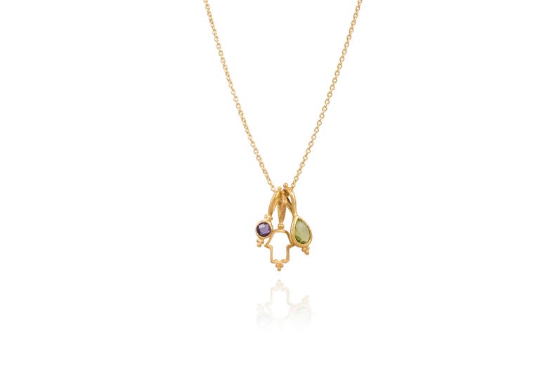 Mudra of Protection Gold Vermeil Necklace Elegant Necklace Peridot Necklace Bali Jewerly Sustainable Jewelry Amethyst Necklace