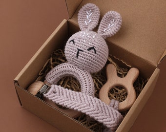 Easter bunny Baby gift box, New mom gift box, Eco friendly Baby animal crochet rattles and pacifier clip