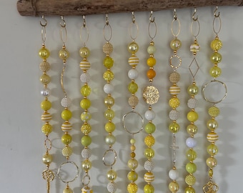 Driftwood Beaded Wall Art Windchime Decor Sunshine Yellow and Gold - 9 strand