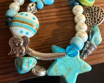 Turquoise double stranded bracelet Stars Butterfly Angel