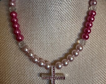 Gorgeous pink pearl and crystal cross necklace!