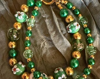 Amazing green glass double stranded bracelet!