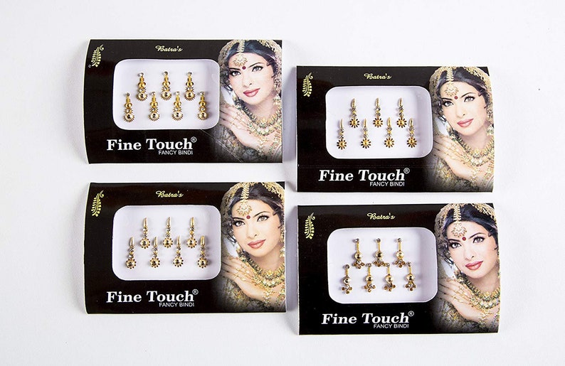 28 Gold Long Bindis Face Tattoo Self Adhesive Crystal Bindi Tikka Stickers 4 Pack