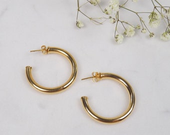 vintage gold plated tube hoops 1.25 inch gold hoop earrings y2k 90s lightweight shiny gold hoops trendy