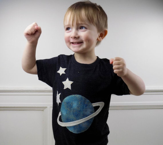 Kids Space Shirt: Handmade Planet & Stars Applique Tee