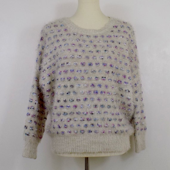 vintage pullover sweater cream purple blue fuzzy … - image 3