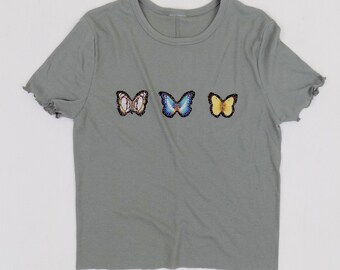 upcycled reworked baby tee crop top butterflies butterfly graphic boho indie 90s y2k style cute sexy girly