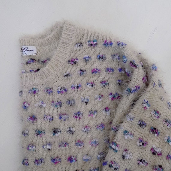vintage pullover sweater cream purple blue fuzzy … - image 2