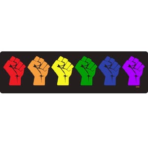 May include: A black rectangular sticker featuring six raised fists in a row, each in a different color of the rainbow: red, orange, yellow, green, blue, and purple. The fists are a symbol of solidarity and support.