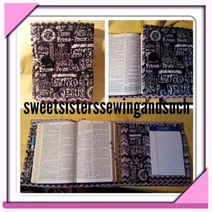 Funda bíblica triple de Cordero de Dios con bolsillos para guardar sobres de diezmos, tarjetas de presentación, un bloc de papel y bolígrafos, además de su Biblia.