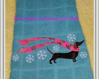 Wrapped up in Winter Dachshund kitchen towel