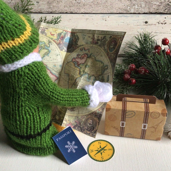 Elf travel kit: Elf passport, suitcase, world map & compass. Elf arrival set, Elf vacation, Elf accessories, Elf adventures, fun Elf props.