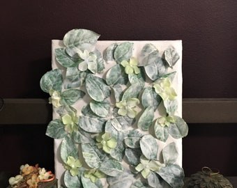 8 X 10 Original Plaster Wall Art/Faux Leaves and Green Flower Collage/Random Leaf Design w/ Delicate Green Florals/Home, Office, Gift Décor