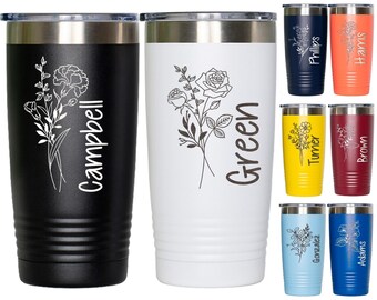 Personalized Birth Flower Tumbler: Engraved Stainless Steel 20oz Cup
