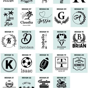 Engraving design chart — font styles and monogram templates available for personalizing each tumbler.