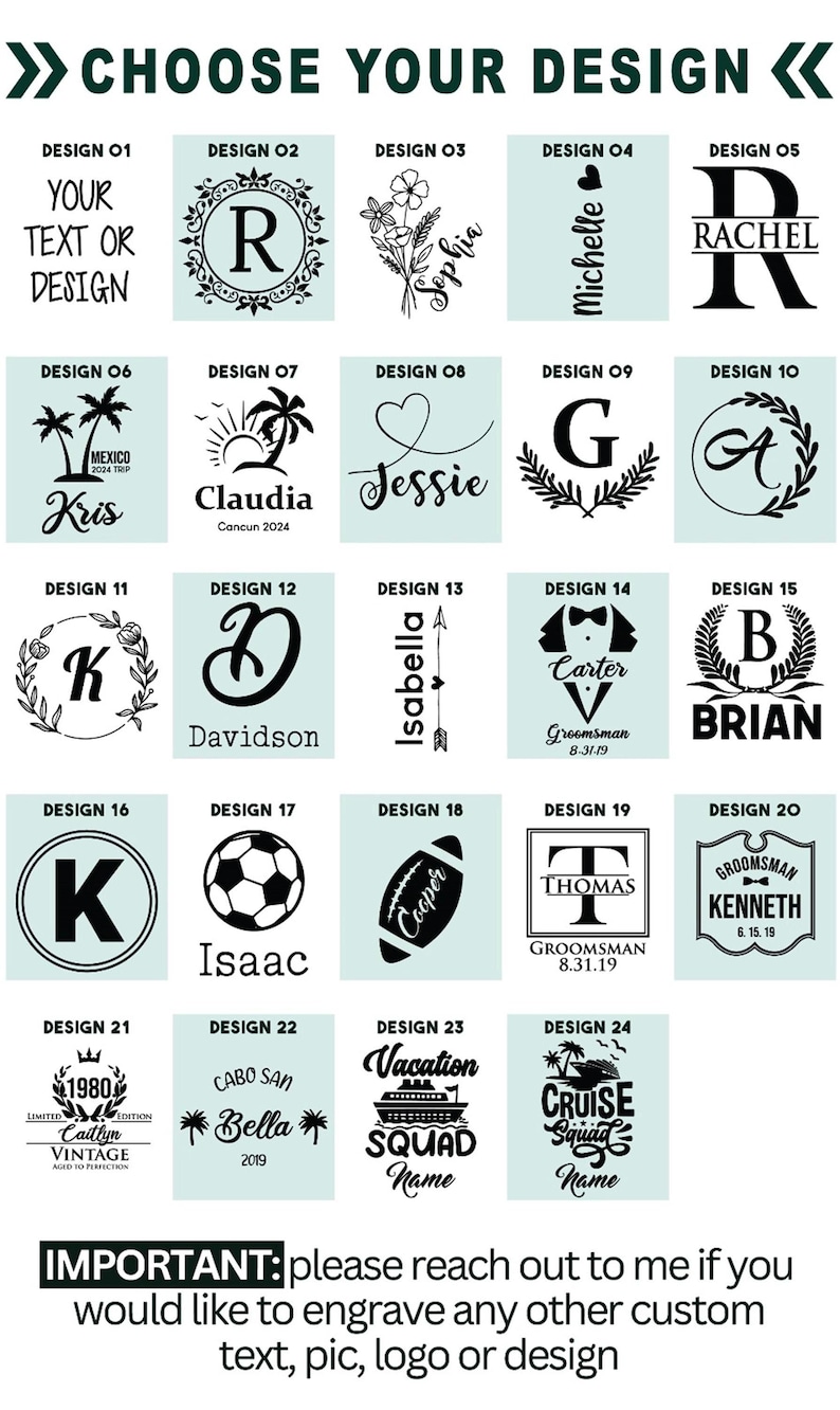 Engraving design chart — font styles and monogram templates available for personalizing each tumbler.