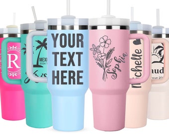 Personalized 40oz Tumbler with Handle, Custom Engraved Stainless Steel Cup, Name or Logo Gift, Insulated Travel Mug with Straw