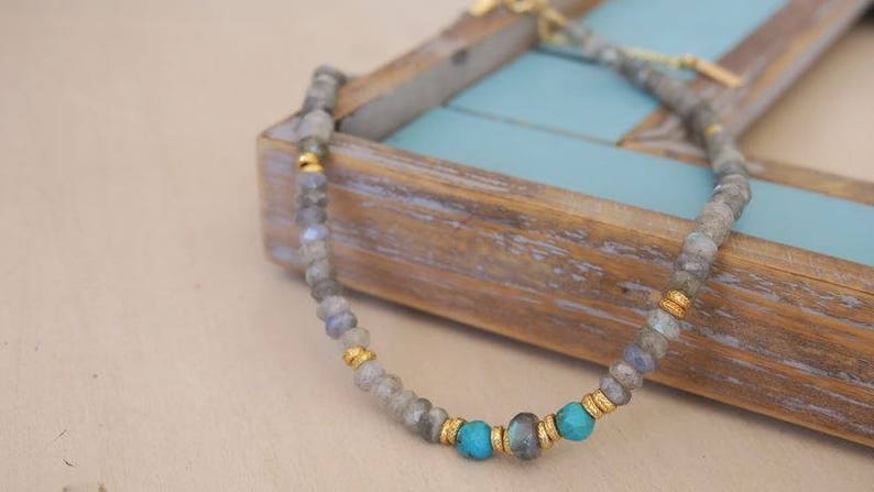Labradorite Turquoise Beaded Necklace Gold Pendant Ethnic Necklace Jewelry Bohemian Necklace for Her Girlfriend Gift ooak Unique Necklace