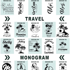 Wedding and travel engraving chart — creative design choices for personalized messages, dates, and names.
