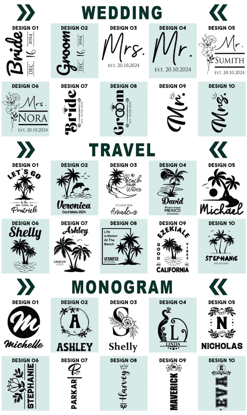 Wedding and travel engraving chart — creative design choices for personalized messages, dates, and names.